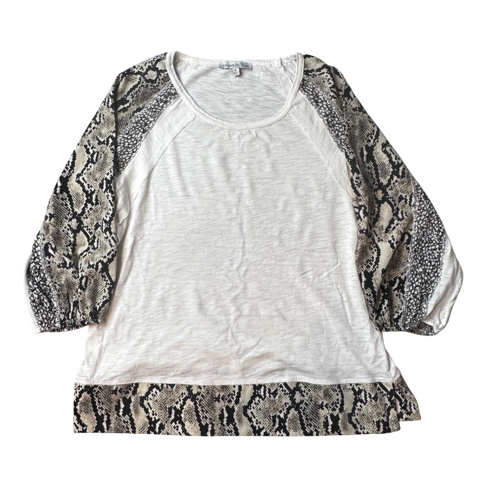 See and Be Seen Top Women S White Snakeskin‎ Raglan 3/4 Sleeve Slub Knit T3029
